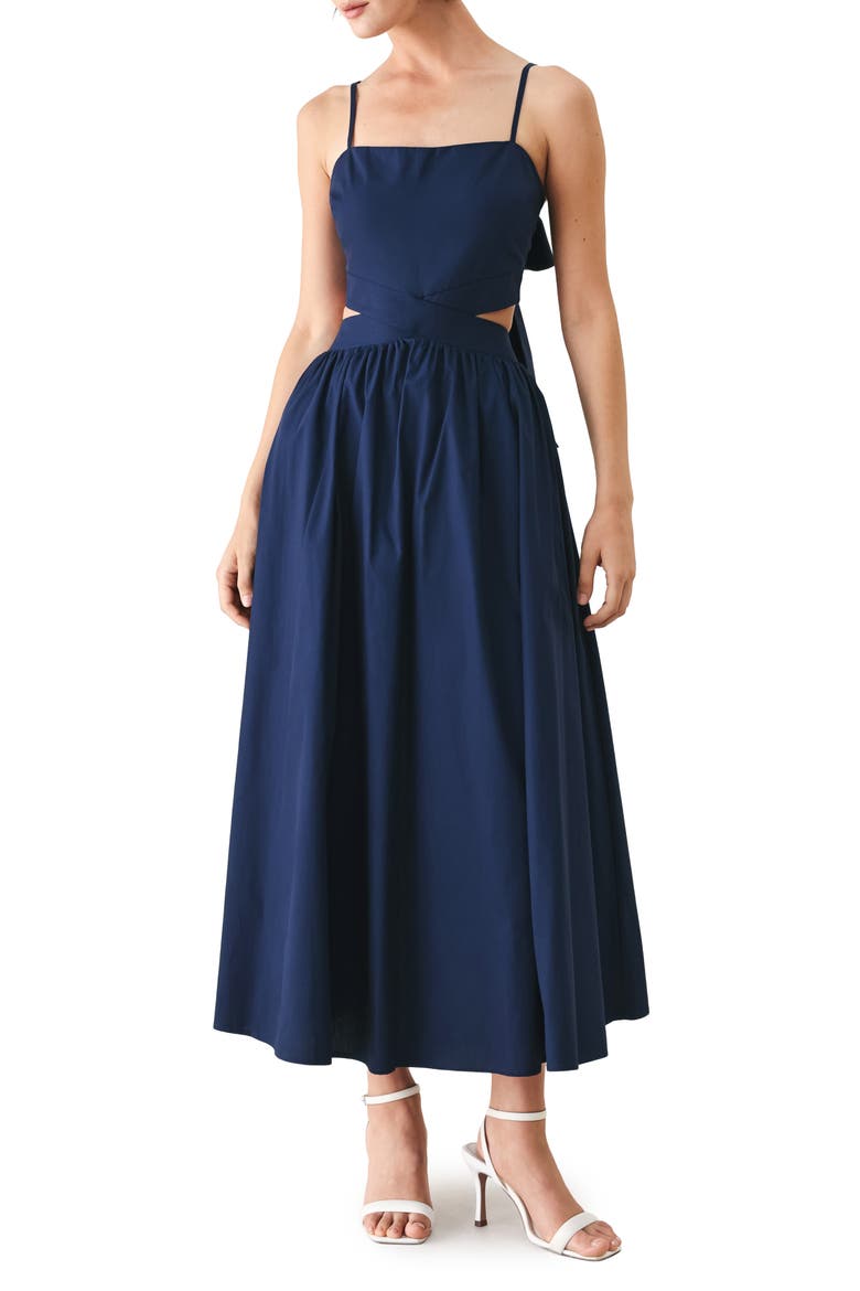 Bow Back Cotton Midi Dress, Main, color, NAVY