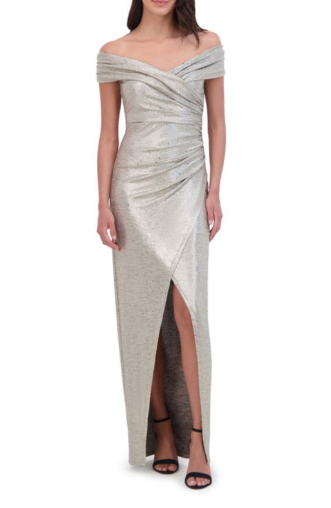 Metallic Draped Off the Shoulder Gown