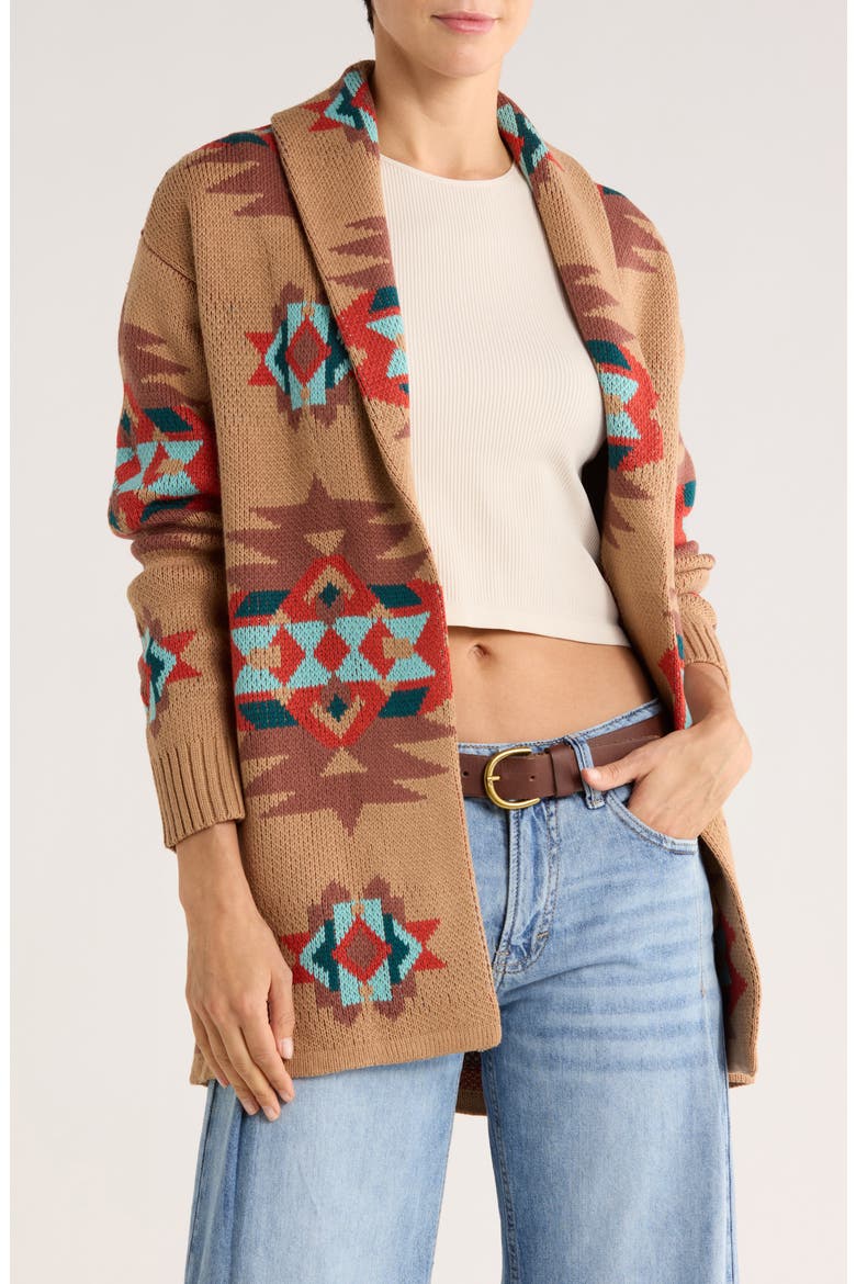 Novelty Pattern Shawl Collar Open Front Cardigan, Main, color, TANNIN