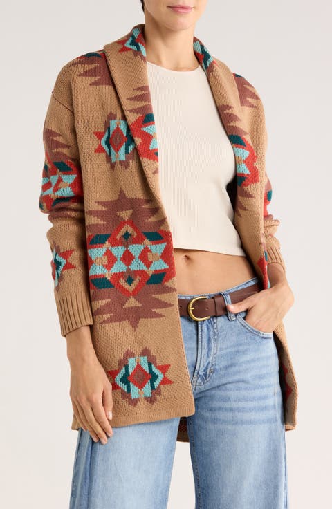 Novelty Pattern Shawl Collar Open Front Cardigan