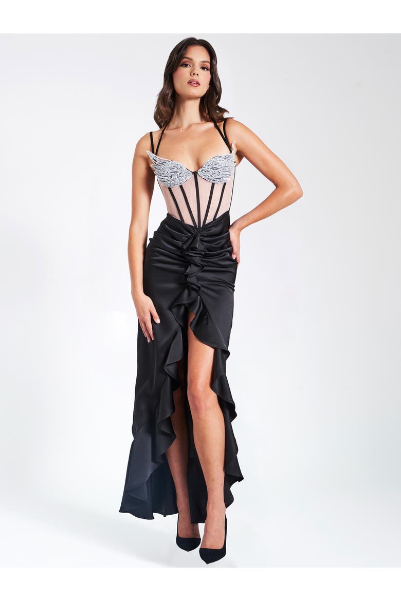 Rafaela Satin Corset Sequin Wing Cup Dress, Alternate, color, Black