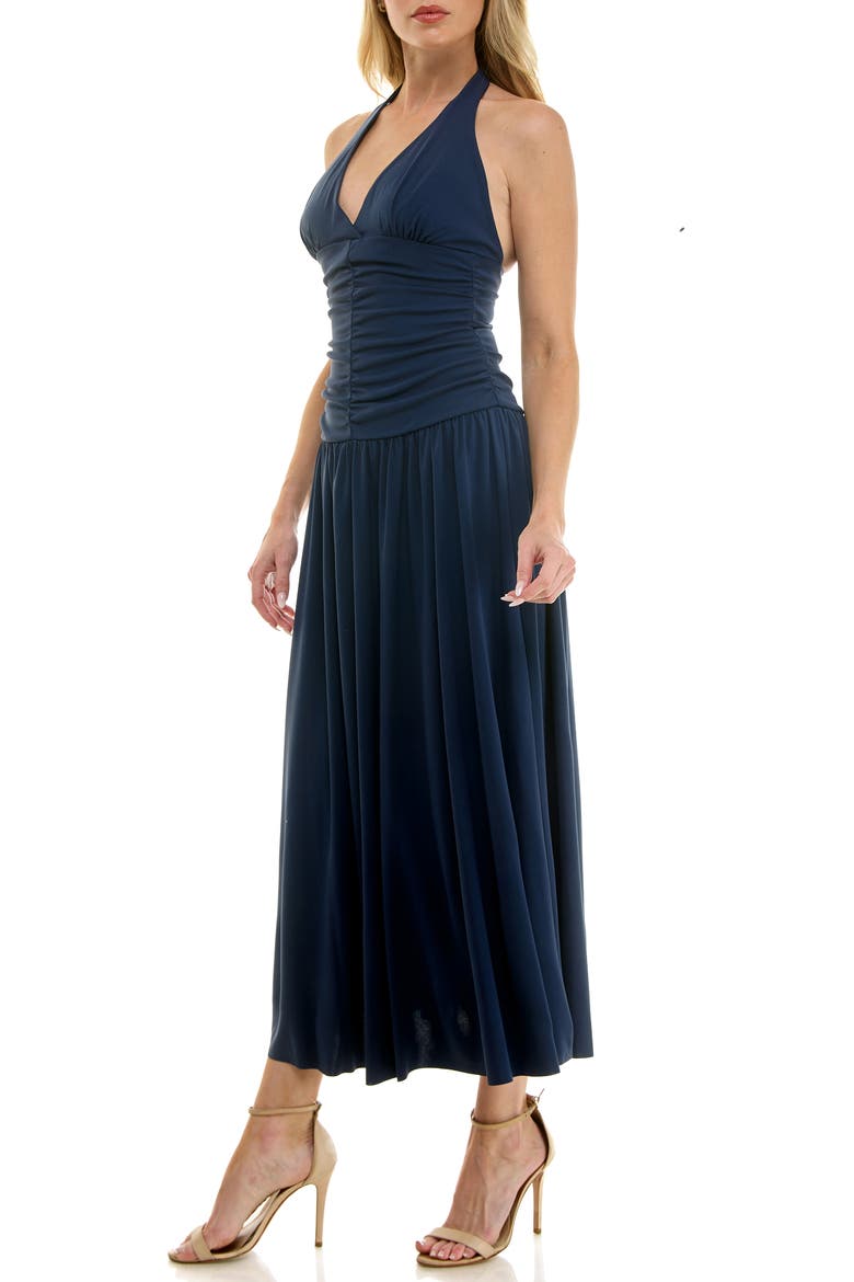 Ruched Halter Midi Dress, Alternate, color, NAVY