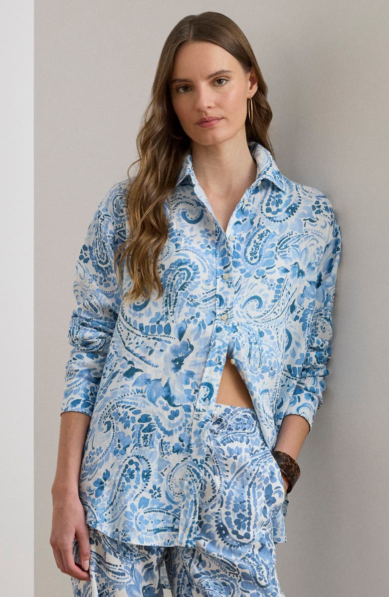 Lauren Ralph Lauren Paisley Print Linen Shirt, Alternate, color, White/ Blue