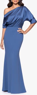Betsy & Adam Scuba Crepe Satin One-Shoulder Gown