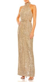 Mac Duggal Sequined Halter Neck Belted Soft Tie Dress