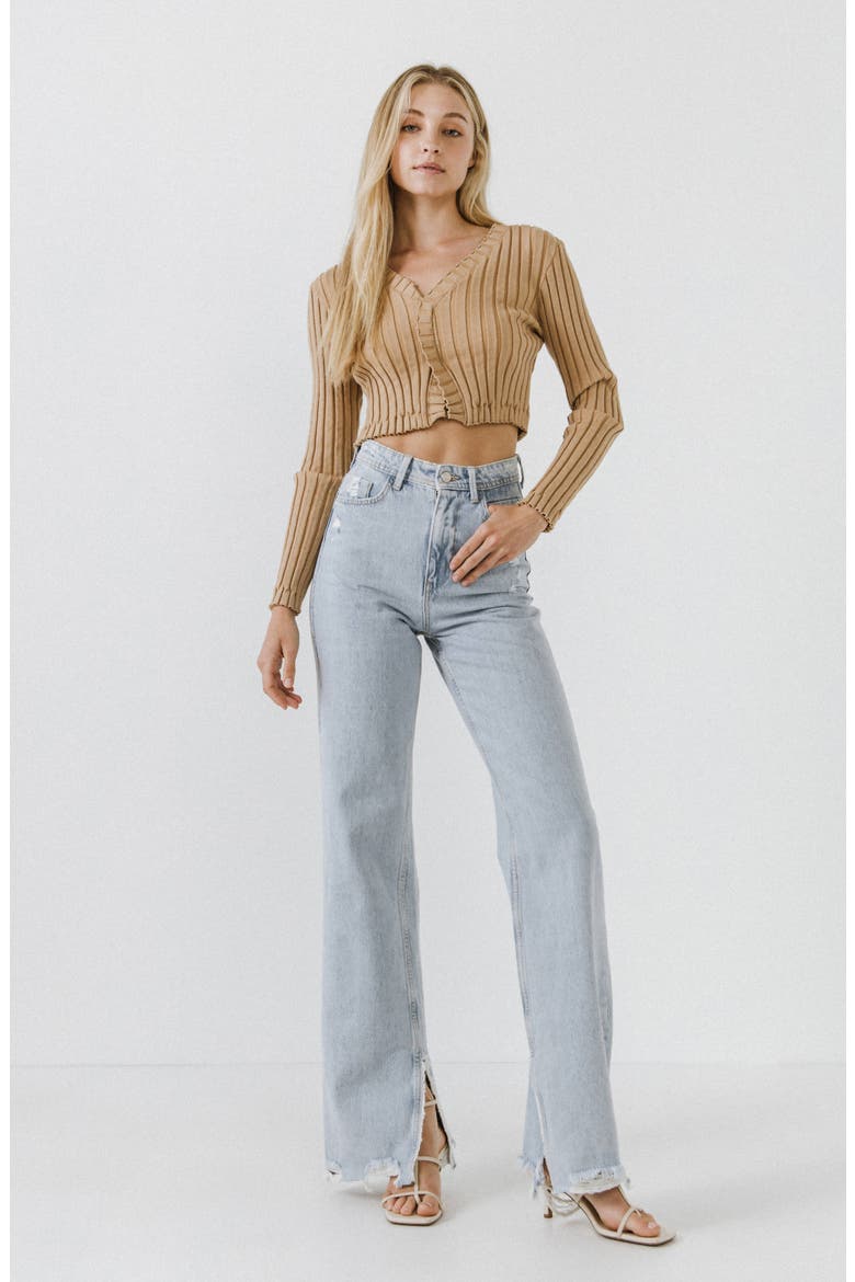 Crop Lettuce Edge Long Sleeve Top, Alternate, color, CAMEL
