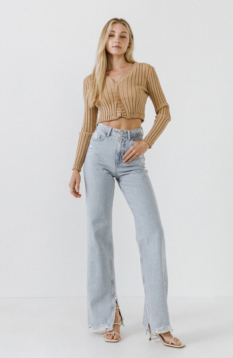 Endless Rose Crop Lettuce Edge Long Sleeve Top, Alternate, color, Camel