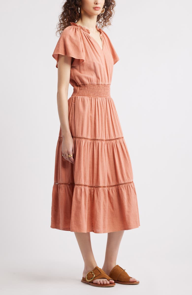 Treasure & Bond Ladder Stitch Accent Linen Blend Tiered Minidress, Alternate, color, Pink Desert