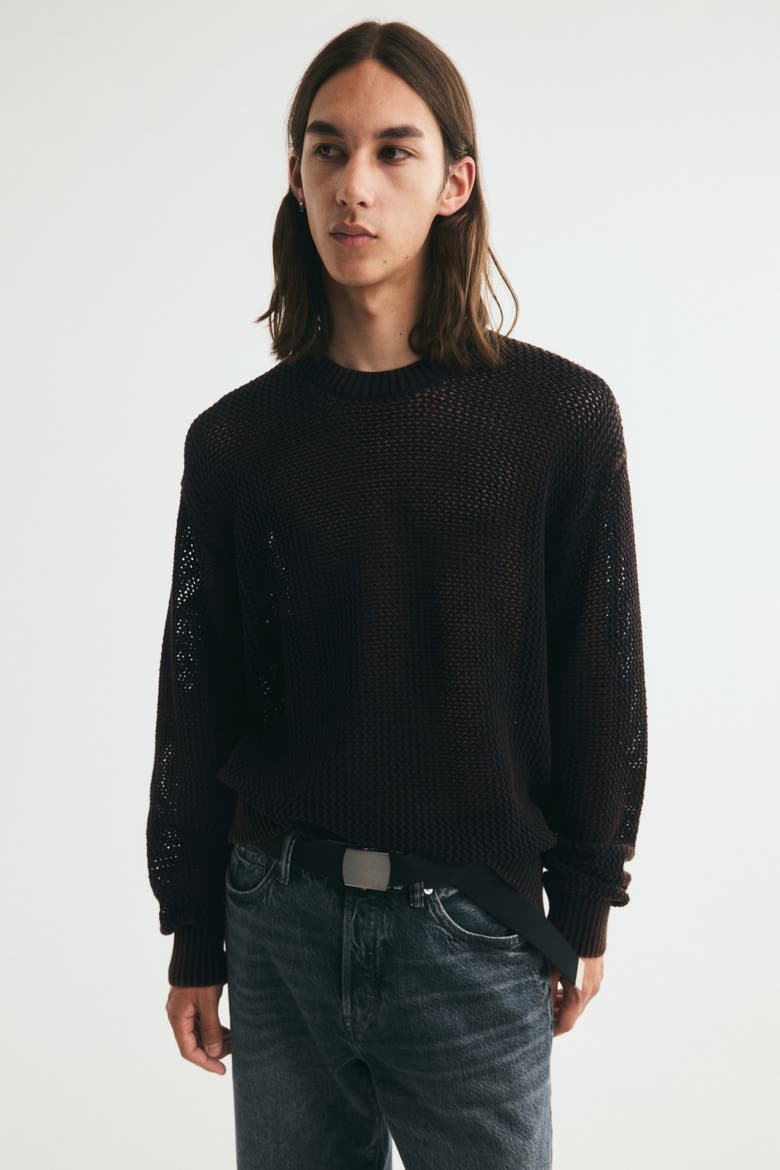 Loose-Fit Open-Knit Cotton Sweater, Alternate, color, Black