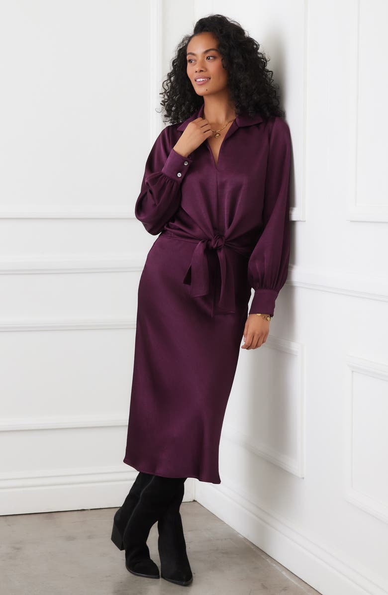 Karen Kane Tie Front Satin Top, Alternate, color, Eggplant