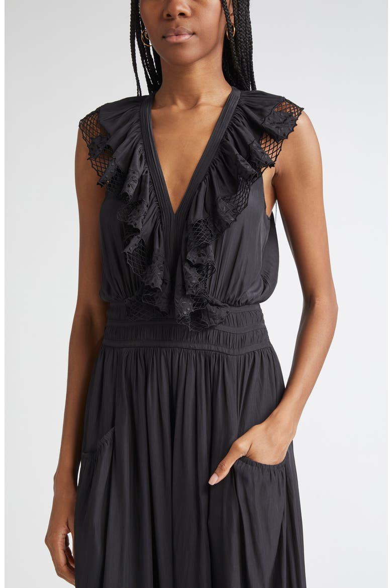 Laila Ruffle Smocked Waist Maxi Dress, Alternate, color, BLACK