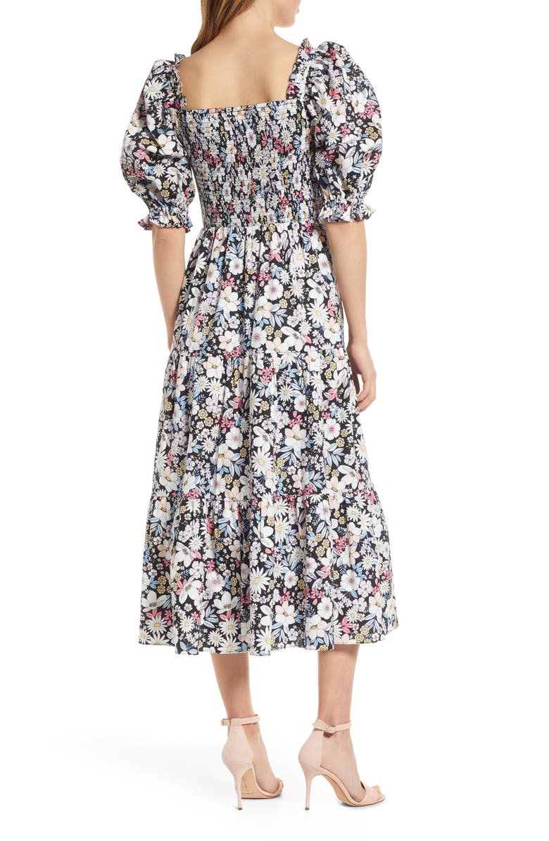 Rachel Parcell Smocked Puff Sleeve Midi Dress, Alternate, color, 