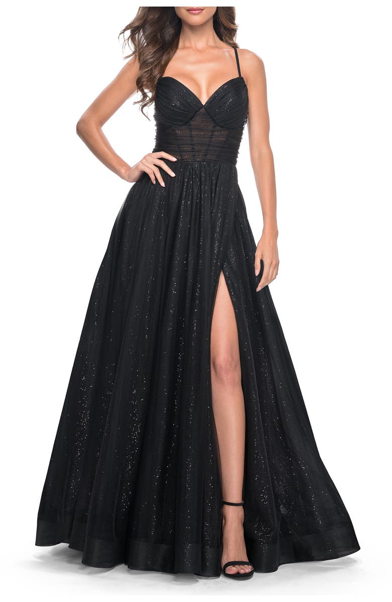 La Femme A-Line Prom Dress with Sequin Lining and Illusion Top, Alternate, color, Black