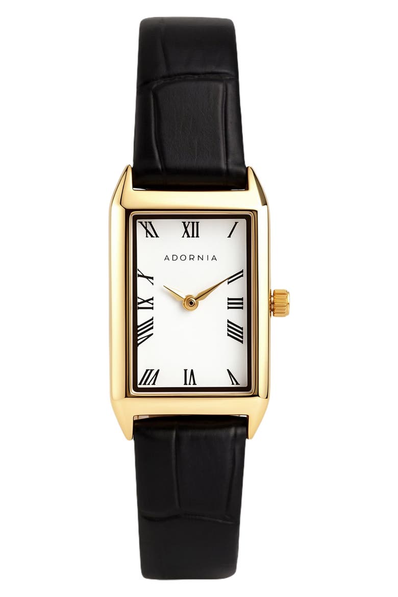 Zurich Faux Leather Strap Watch, 28mm x 20mm, Main, color, BLACK/ GOLD/ WHITE