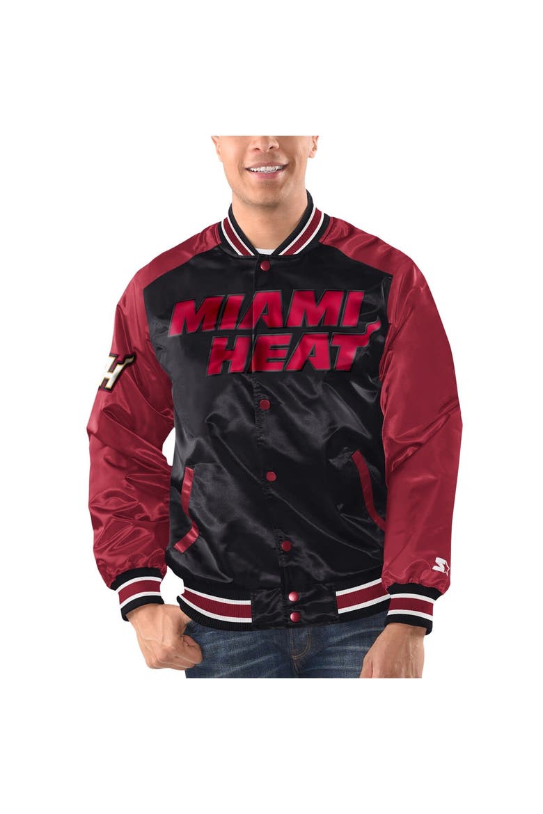 Men's Starter Black/Red Miami Heat Renegade Satin Full-Snap Varsity Jacket, Main, color, Black