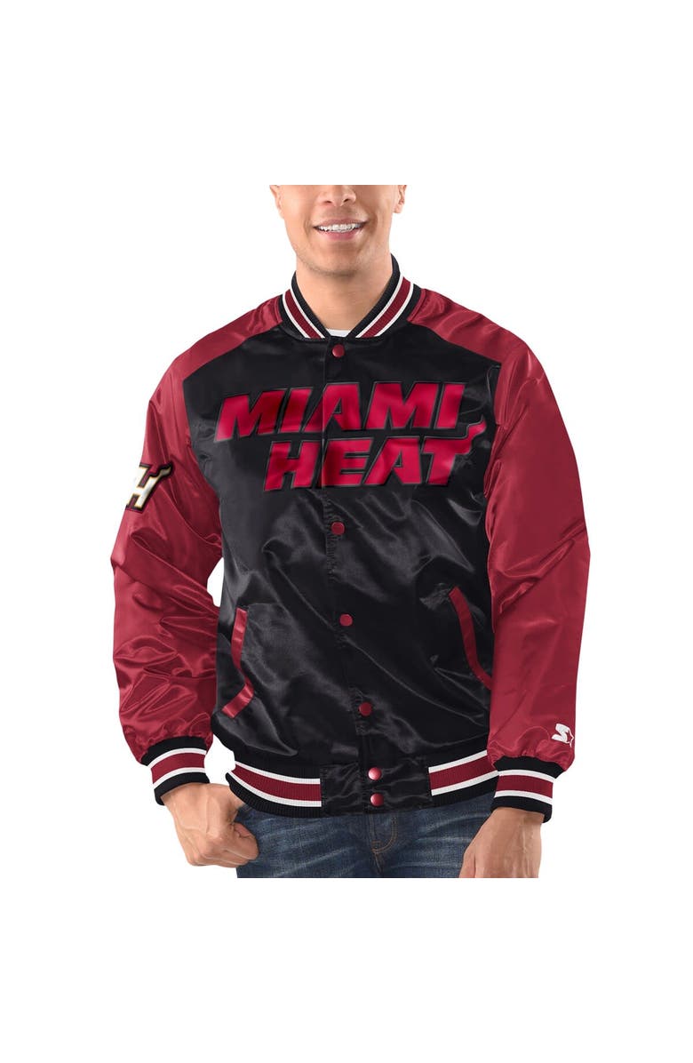 STARTER Men's Starter Black/Red Miami Heat Renegade Satin Full-Snap Varsity Jacket, Main, color, Black