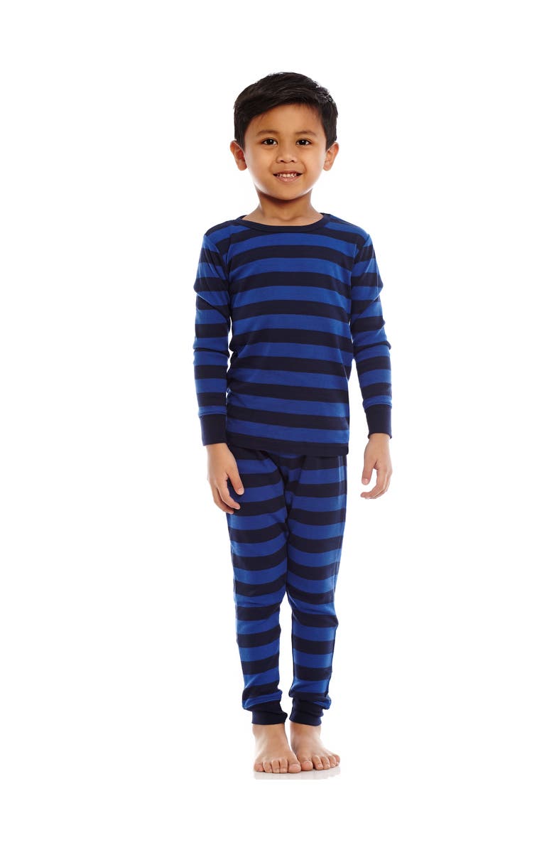 Leveret Two-Piece Printed Cotton Pajamas, Stripes, Animals & Characters, Alternate, color, Striped Blue & Navy