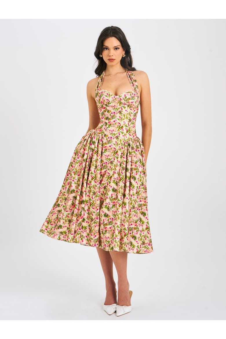 Niya Floral Print Linen Halter Corset Maxi Dress, Main, color, Floral print