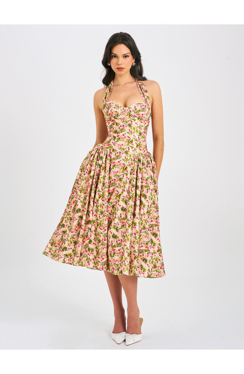 Miss Circle Niya Floral Print Linen Halter Corset Maxi Dress, Main, color, Floral Print