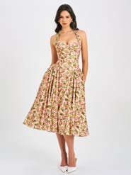 Miss Circle Niya Floral Print Linen Halter Corset Maxi Dress