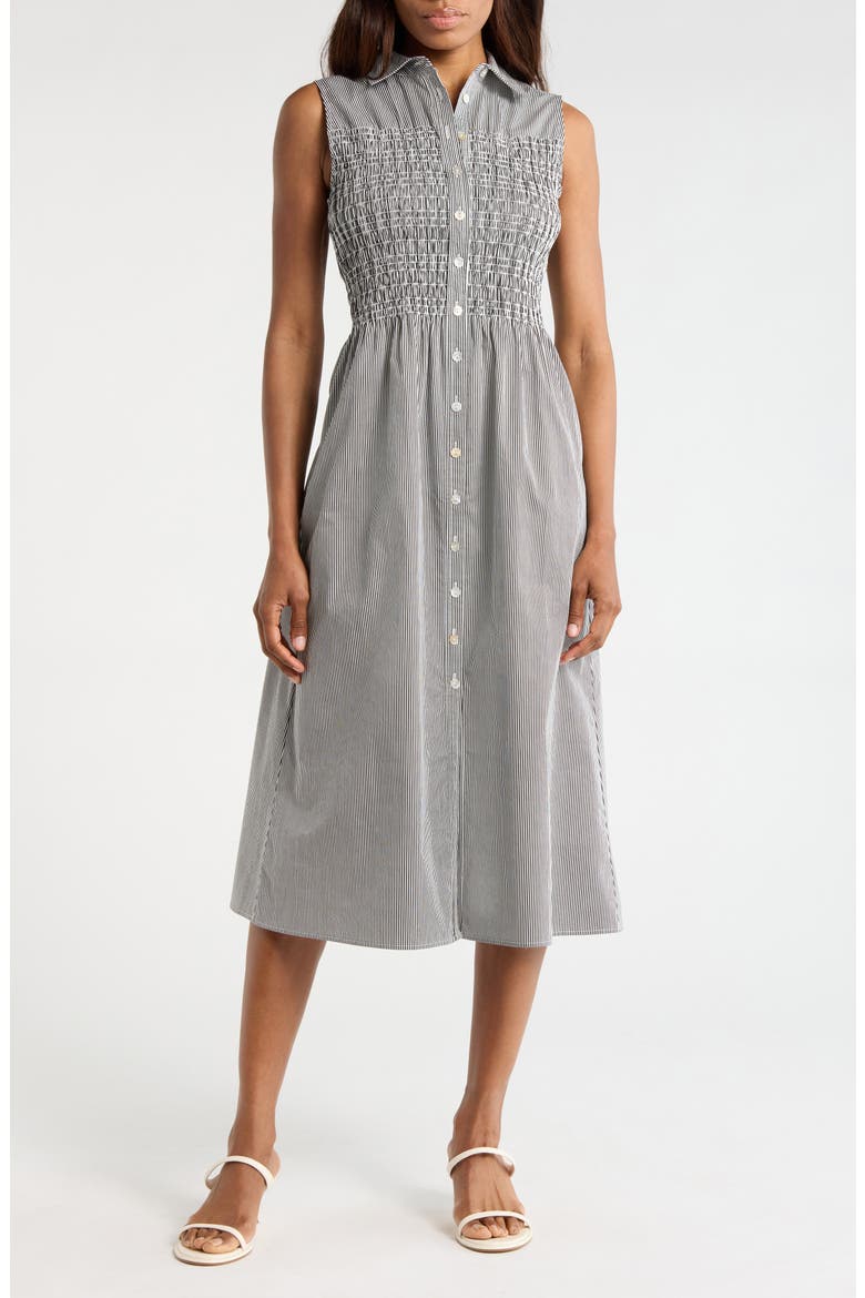 Smocked Sleeveless Shirtdress, Main, color, BLACK-WHITE