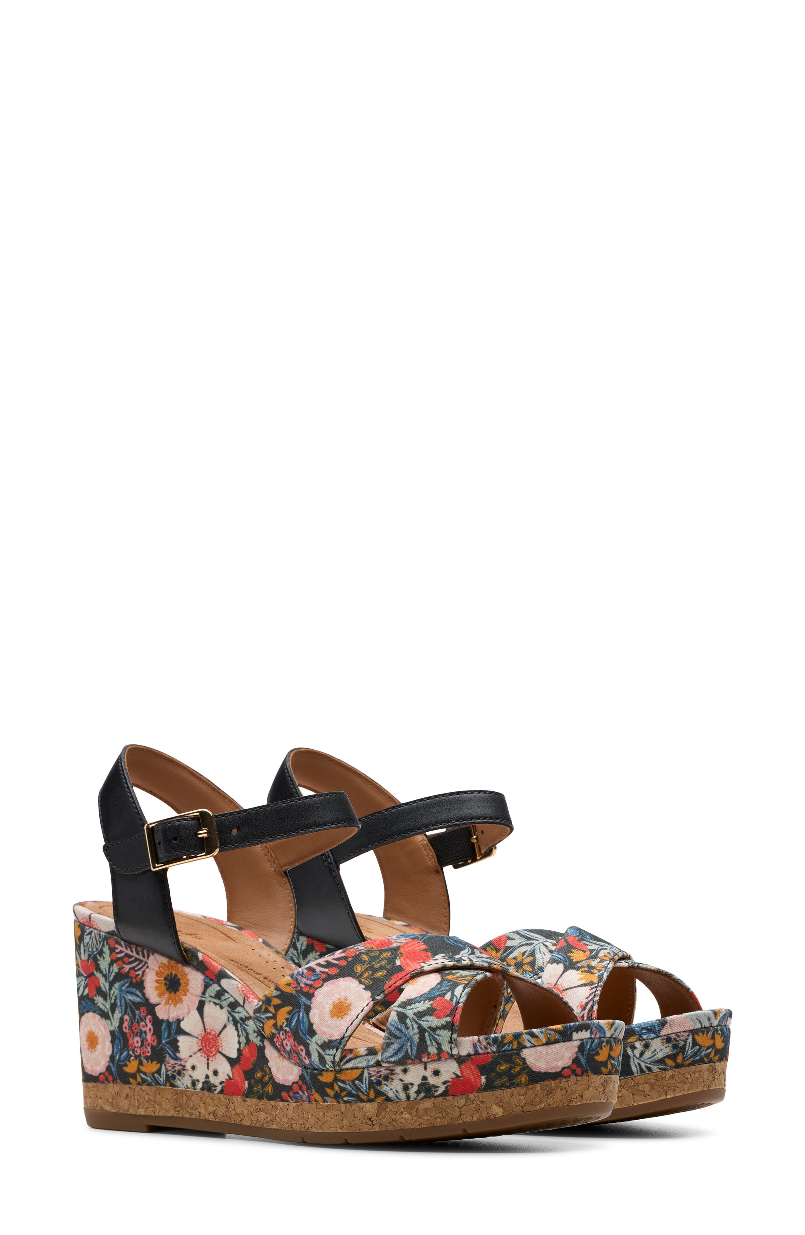 Clarks<sup>®</sup> Chicly Floral Wedge Sandal, Alternate, color, Black Print