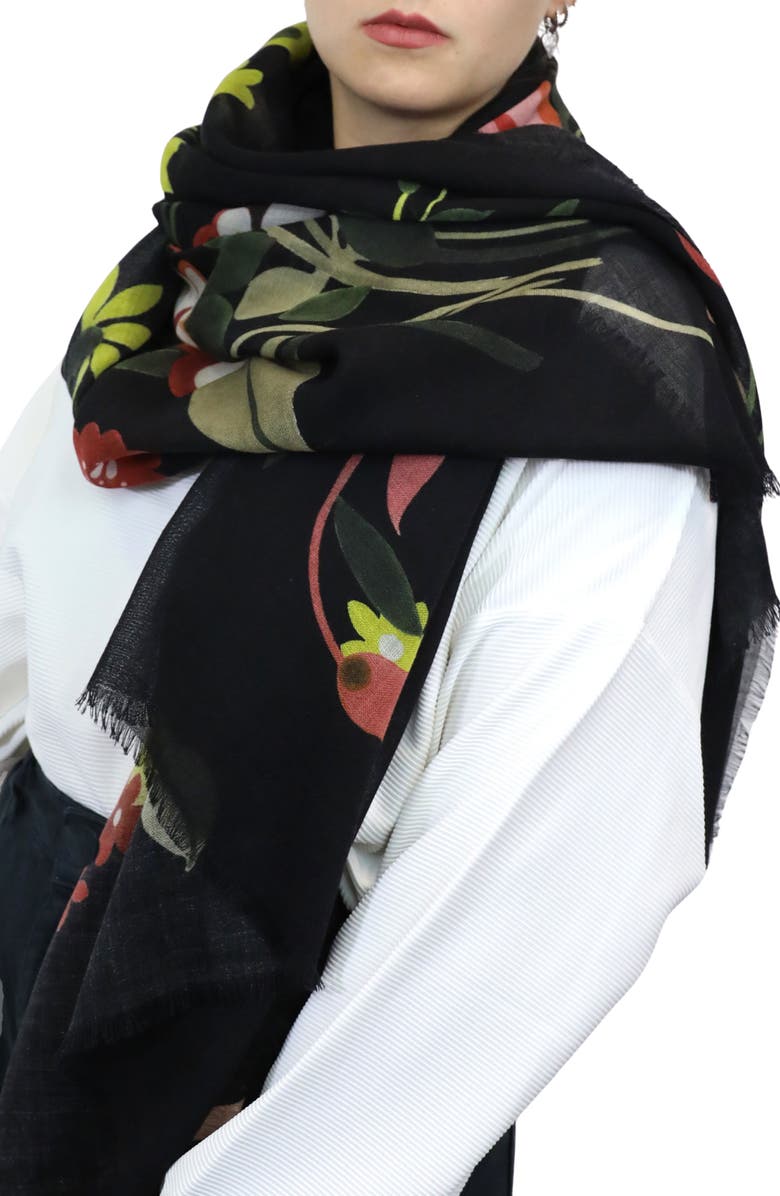 Nicoletta Rosi Floral Print Wool Fringe Scarf, Main, color,