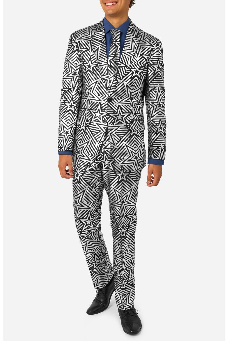 Silver Geo Star Slim Fit Two-Piece Suit & Tie Set, Main, color, BLACK/ SILVER