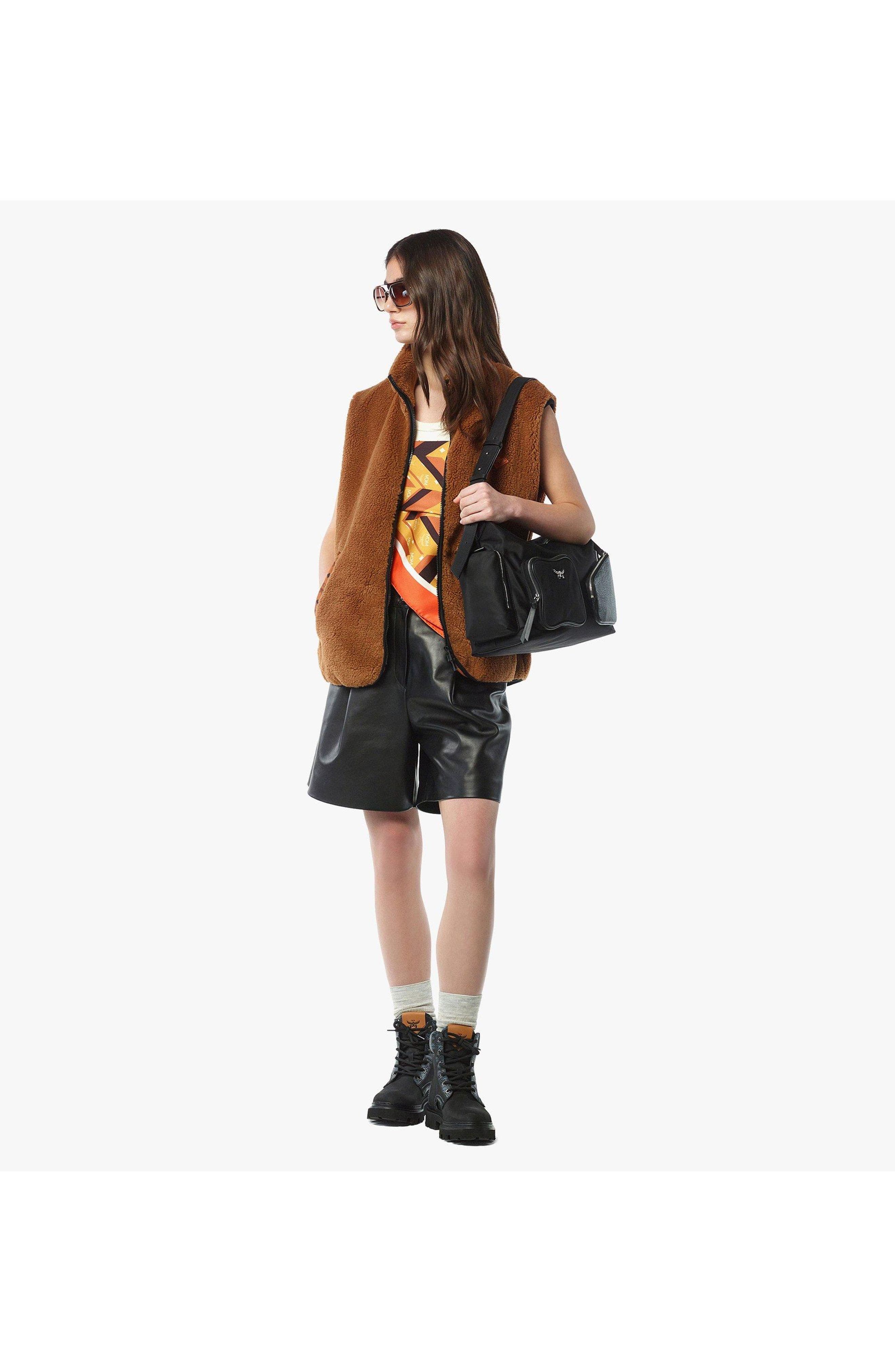 MCM Aren Zip Hobo in ECONYLÂ<sup>®</sup> and Monogram Print Leather, Alternate, color, Black