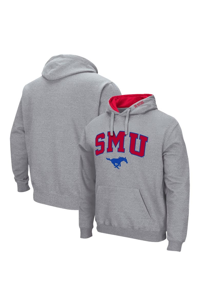 COLOSSEUM Men's Colosseum Heathered Gray SMU Mustangs Arch and Logo Pullover Hoodie, Main, color, 