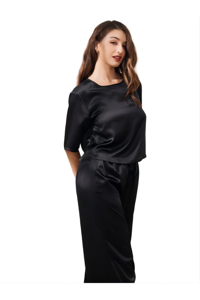 Pure Silk Half Sleeve Pajamas, Main, color, Black