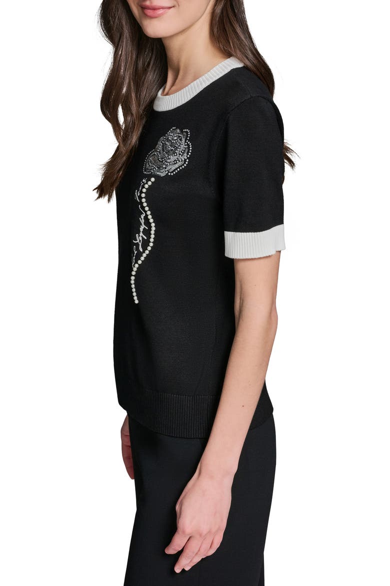 Beaded Rose & Faux Pearl Detail Short Sleeve Sweater, Alternate, color, BLACK/ SOFT WHITE