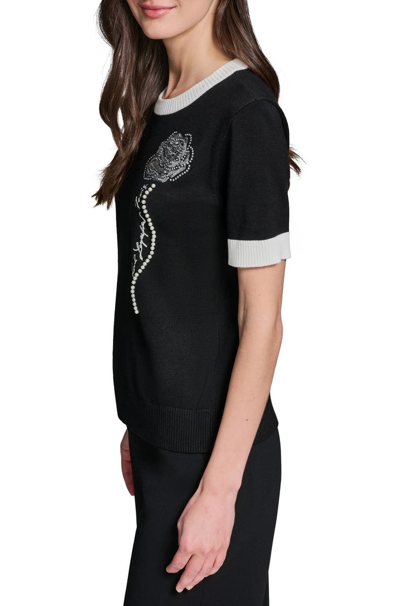 KARL LAGERFELD PARIS Beaded Rose & Faux Pearl Detail Short Sleeve Sweater, Alternate, color, 