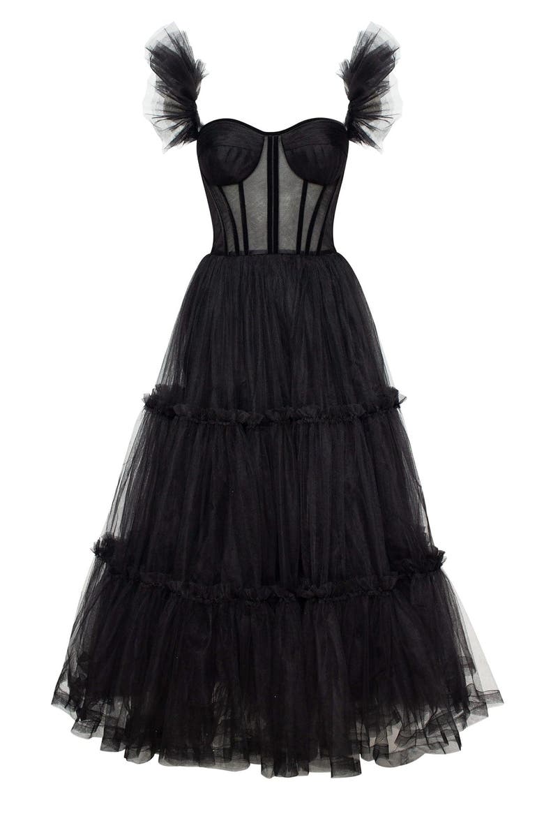 Milla Ruffled Tulle Midi Dress, Main, color, Black