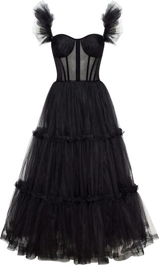 Ruffled Tulle Midi Dress