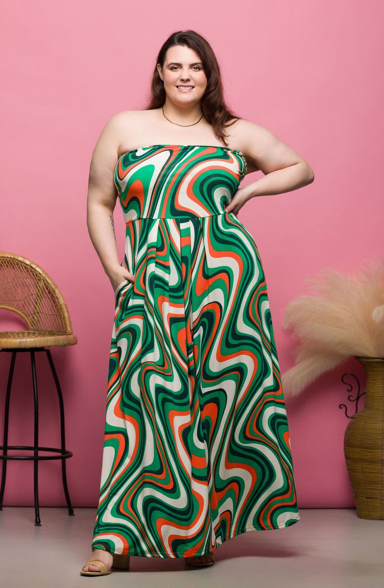 24seven Comfort Apparel Print Strapless Maxi Dress, Alternate, color, Green Multi