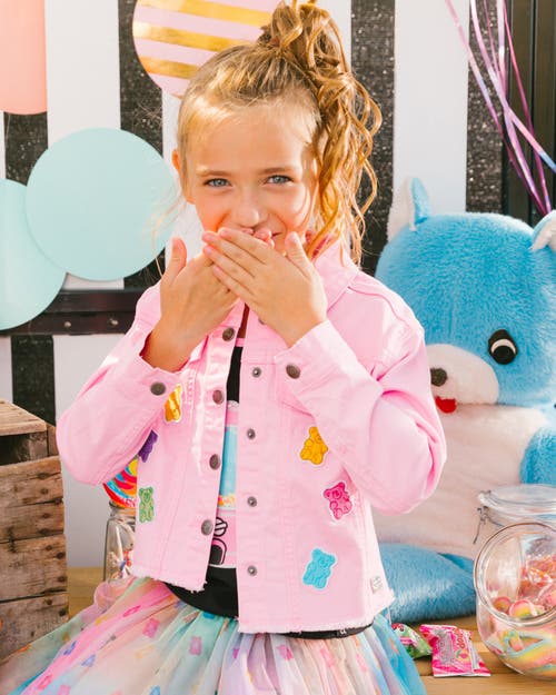Deux Par Deux Girl's Jean Jacket With Embroidery Pink And Multicolored Gummies In Pink And Multicolored Gummies