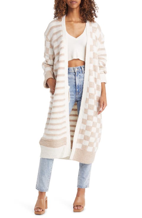 Checkerboard & Stripe Long Cardigan (Regular & Petite)