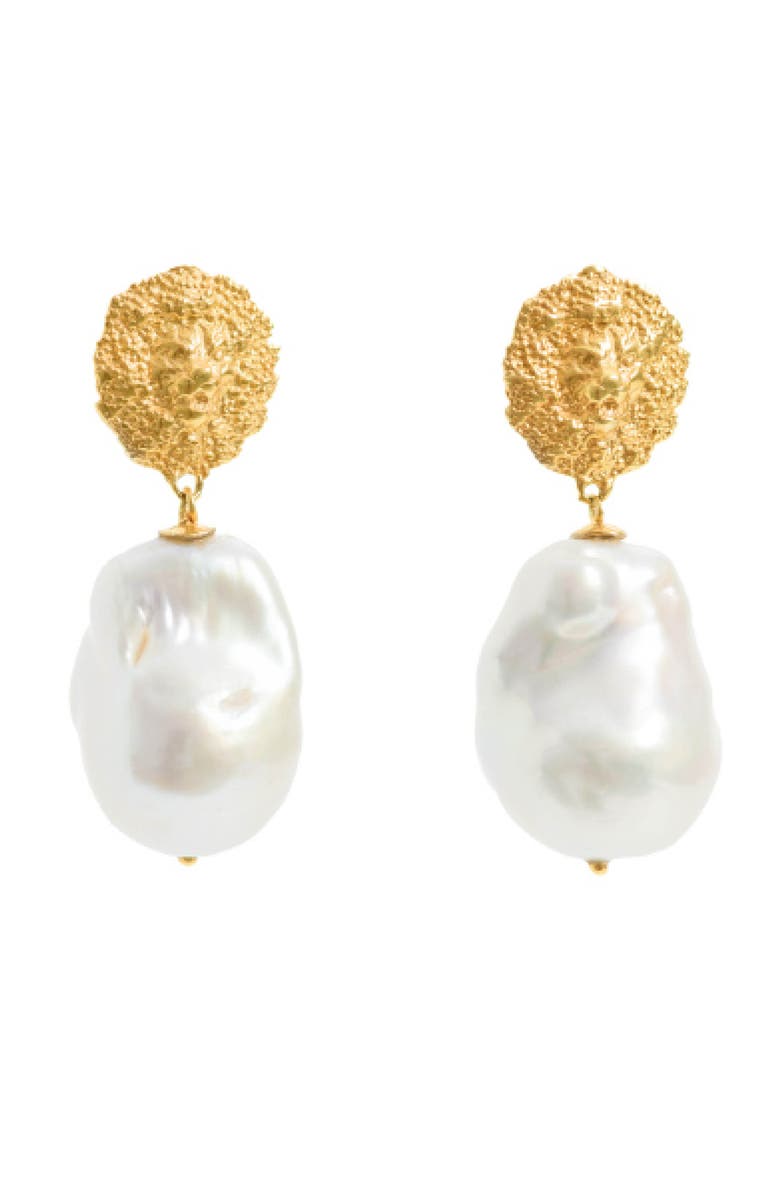 Freya Rose Lion Pearl Drop Earrings, Main, color, Gold