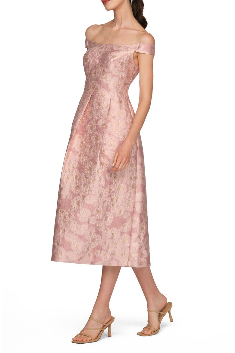 Alina Metallic Floral Jacquard Off the Shoulder Midi Cocktail Dress, Alternate, color, PINK MULTI