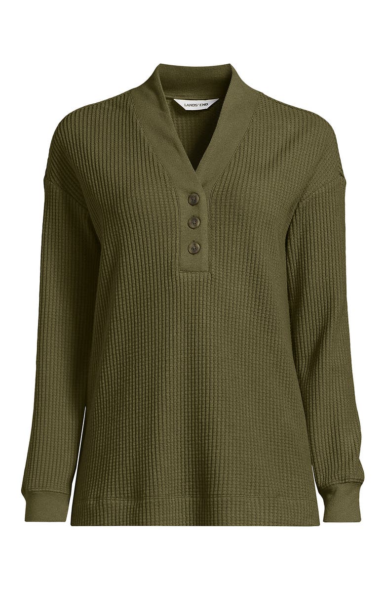 Lands' End Long Sleeve Waffle Shawl Collar Henley, Alternate, color, Olive Drab