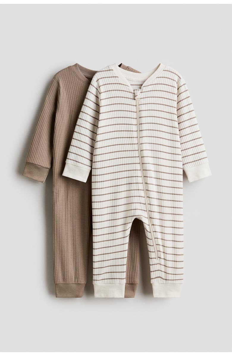 H&M 2-pack Cotton Sleepsuits, Main, color, Dark Beige/Striped