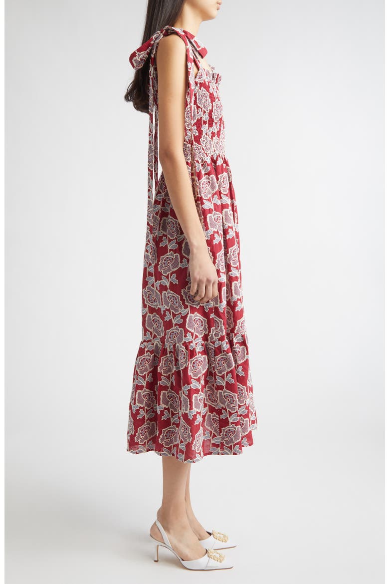 Floral Embroidered Tiered Cotton Blend Midi Sundress, Alternate, color, CHERRY