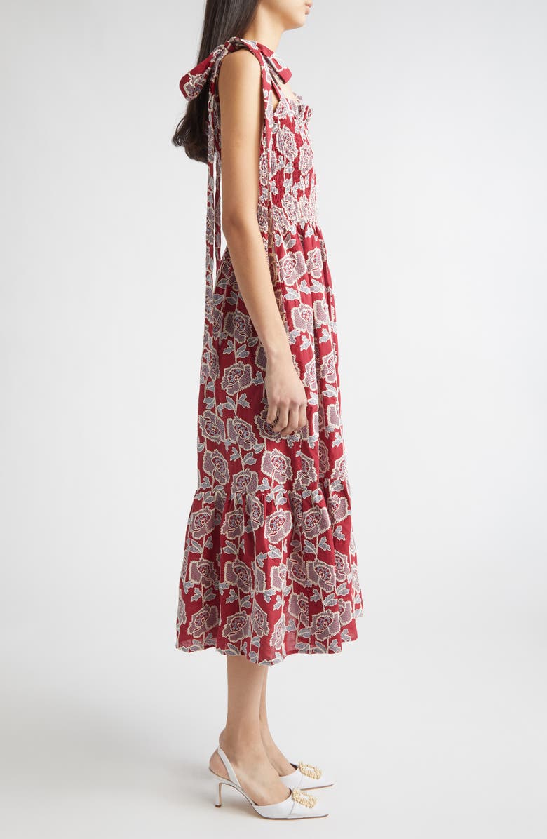 Erdem Floral Embroidered Tiered Cotton Blend Midi Sundress, Alternate, color, Cherry