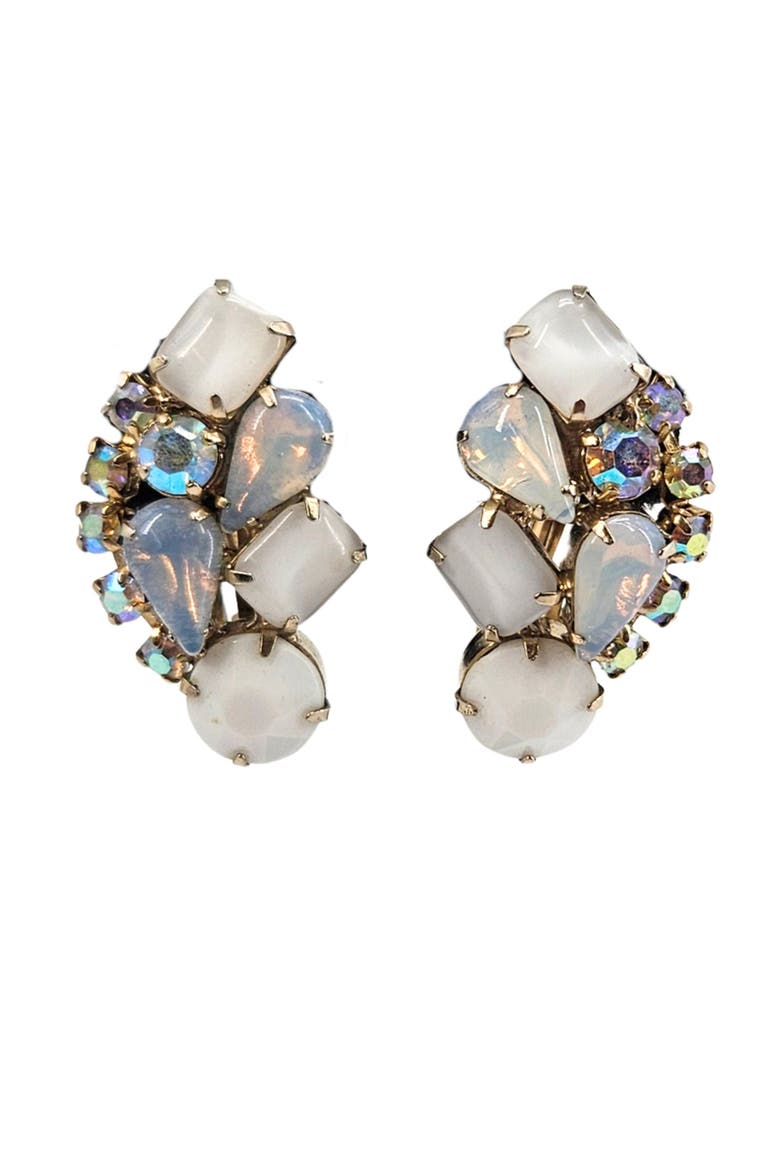 Vintage clip Milk Glass,Aurora Borealis irridescent Rhinestone Earrings, Main, color, Gold