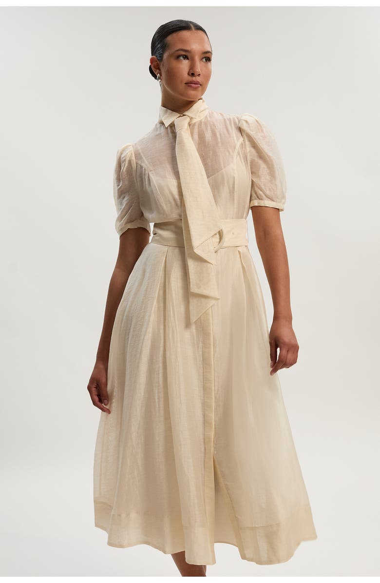 Karen Millen Organdie Tie Neck Woven Midi Dress, Main, color, Ivory