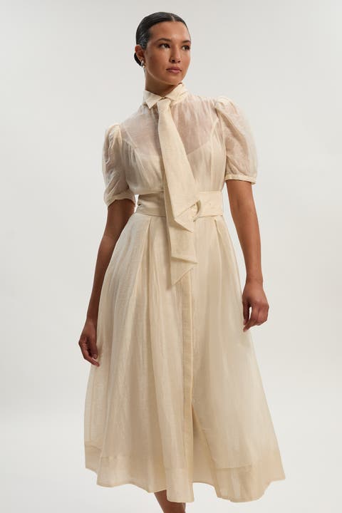 Organdie Tie Neck Woven Midi Dress