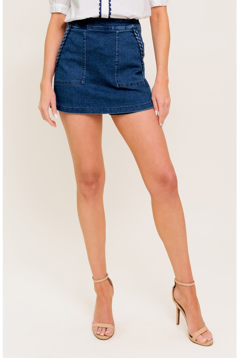 Braided Detail Denim Skort, Main, color, MEDIUM INDIGO