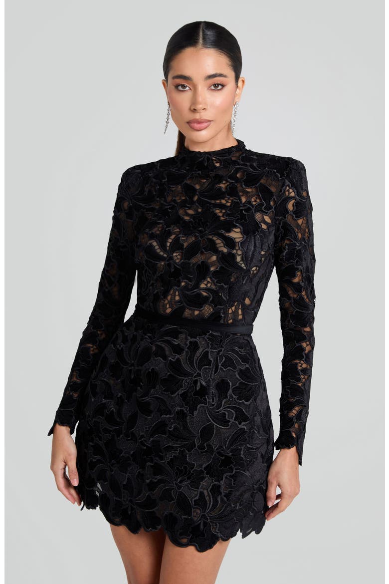Lydia Long Sleeve Lace Overlay Cocktail Minidress, Alternate, color, BLACK