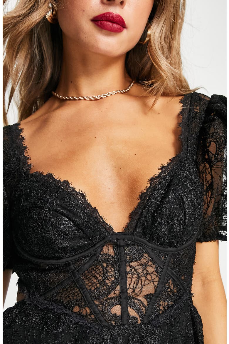 Cupped Puff Sleeve Lace Fit & Flare Dress, Alternate, color, BLACK